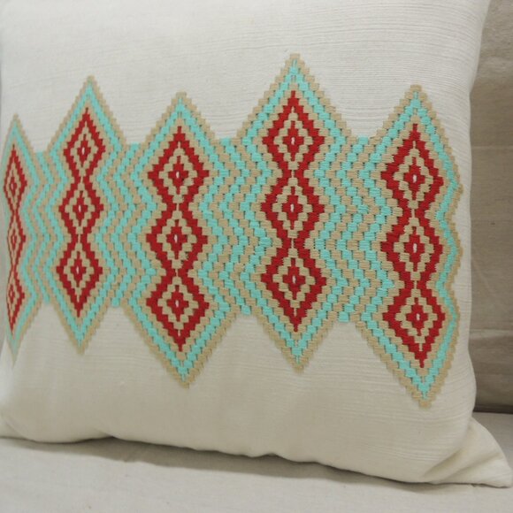 Aqua & Red Embroidered Square Pillow Covers - Set of 2 - Picture 3 of 5